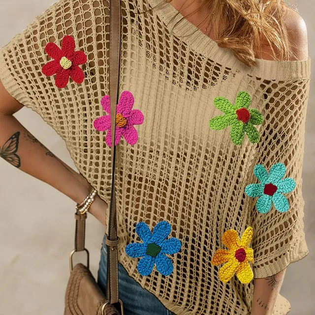 Crochet Flower Hollow-out Sweater T Shirt - (GD72773010 ~ BEIGE)