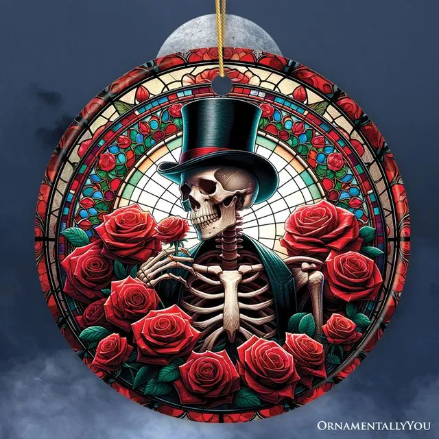 Elegant Bones Top-Hat Skeleton with Roses Stained Glass Style Ceramic Ornament, Halloween Themed Christmas Gift and Decor