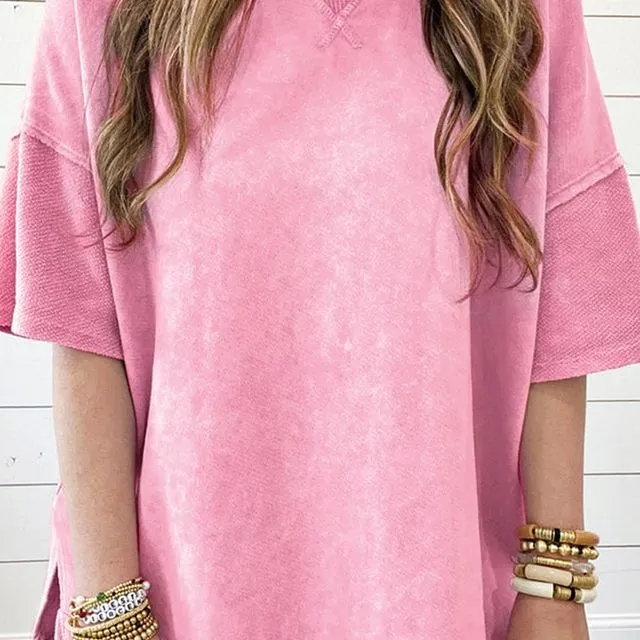 Mineral Wash Exposed Seam Drop Shoulder Oversized Tee - (GD62522451232 ~ PINK)