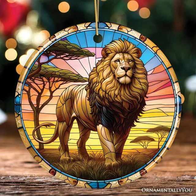 Kings of the Savannah Lion Stained Glass Style Ceramic Ornament, African Animals Christmas Gift and Decor