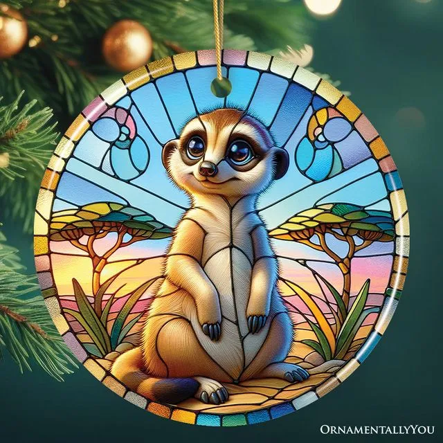 Meerkat Marvels Stained Glass Style Ceramic Ornament, Safari Animals Christmas Gift and Decor