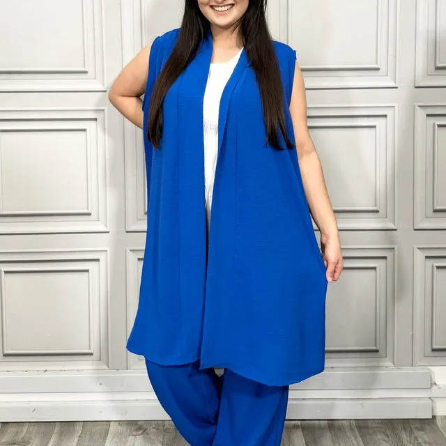 E188+9919-A - Royal Blue Cardigan Matched with Elasticated Waist Elongated Palazzo Trousers