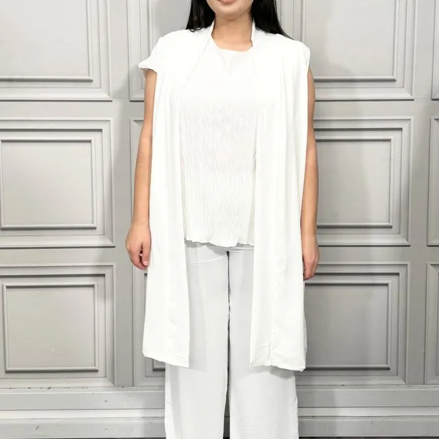 E188+9919-A - White Cardigan Matched with Elasticated Waist Elongated Palazzo Trousers