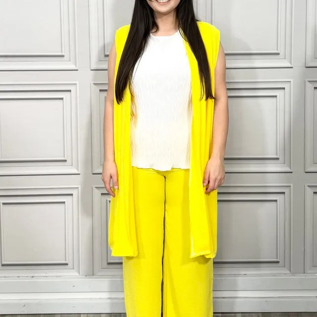 E188+9919-A - Yellow Cardigan Matched with Elasticated Waist Elongated Palazzo Trousers