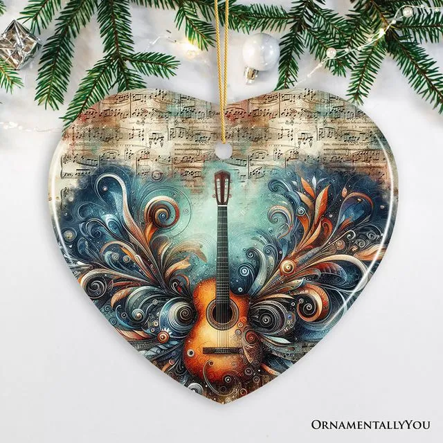 Elegantly Artistic Guitar and Music Sheet Ornament, Guitarist Musician Christmas Gift