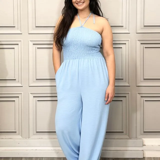 2398-BabyBlue Elasticated Bust Plain Jumpsuit with Straight Wide Legs
