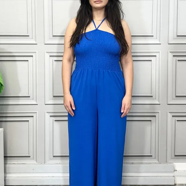 2398-RoyalBlue Elasticated Bust Plain Jumpsuit with Straight Wide Legs