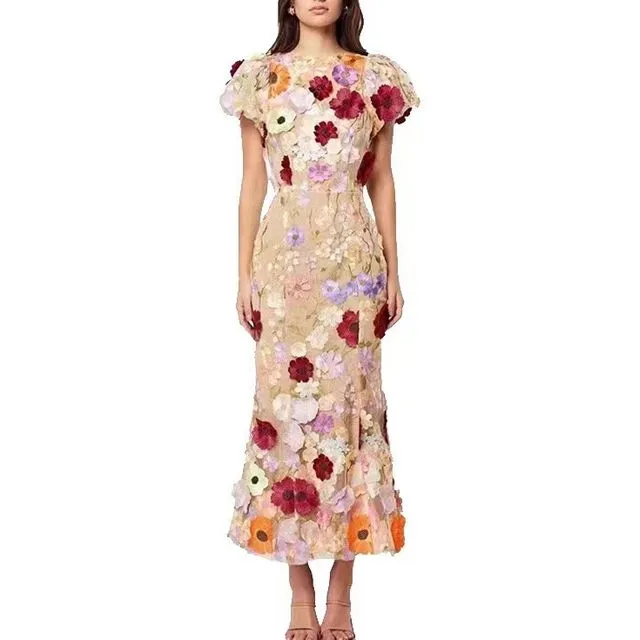 Luxury Embroidered Floral Puff-Sleeve Fishtail Dress
