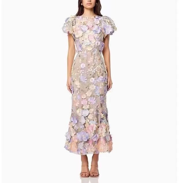 Luxury Embroidered Floral Puff-Sleeve Fishtail Dress _2