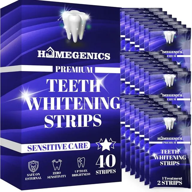 HomeGenics Teeth Whitening Strips with Free Mouth Opener - 20 Sessions, 40 Peroxide Free Teeth Whitening Kit, Enamel Safe & Non-Sensitive Formula