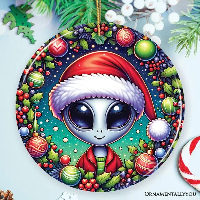 Galactic Winter Alien Ceramic Ornament, Festive Christmas Space Gift and Decor