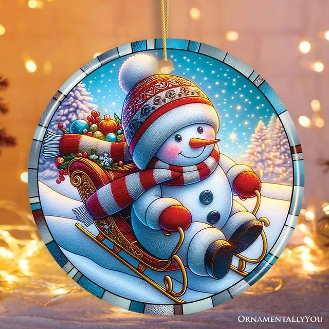 Arctic Sleigh Snowman’s Magical Ride Christmas Ornament, Handmade Frosty Winter Gift